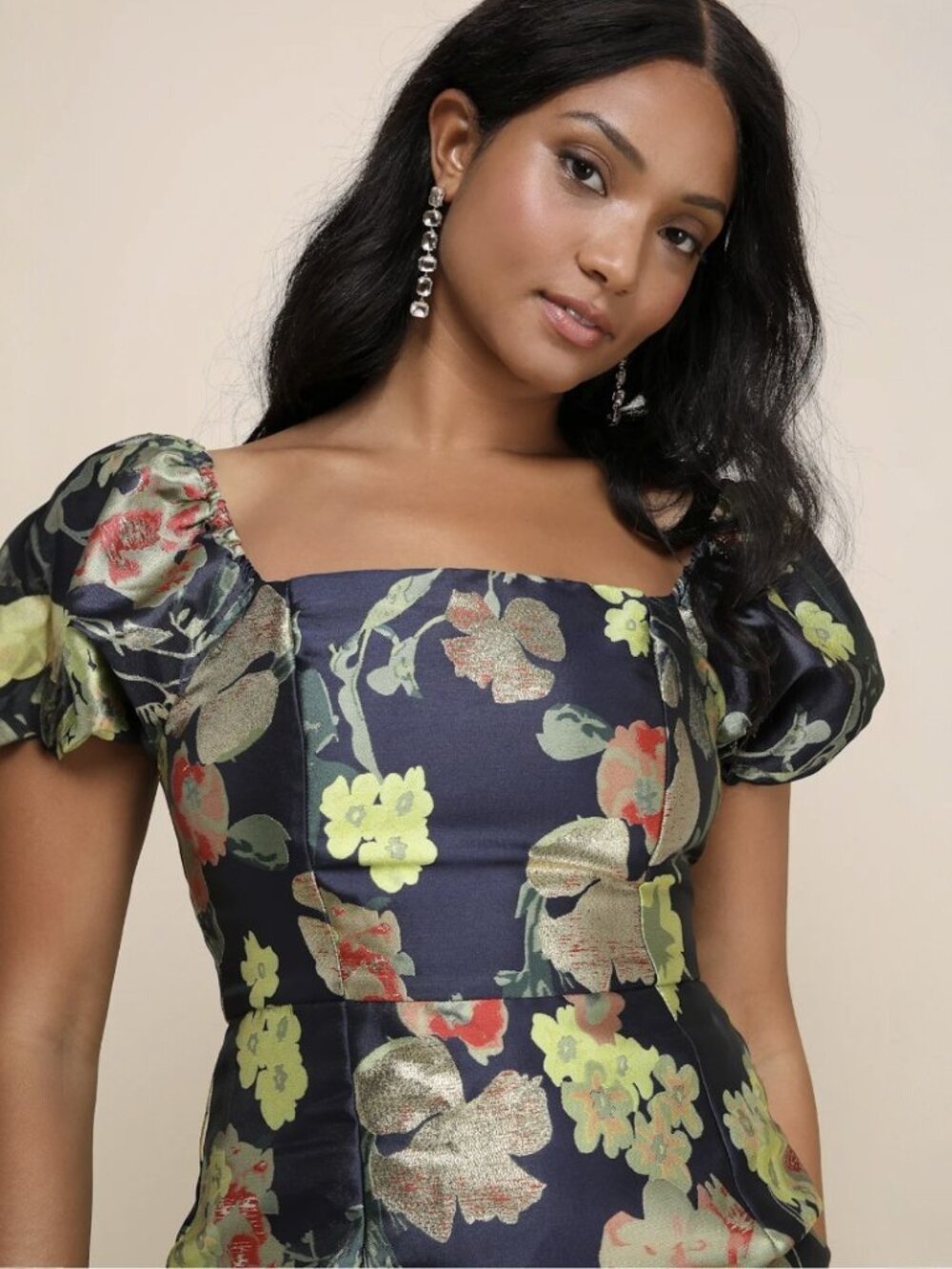 Lulus So Stunning Navy Blue Floral Jacquard Puff Sleeve Mini Dress NWT - Picture 9 of 16